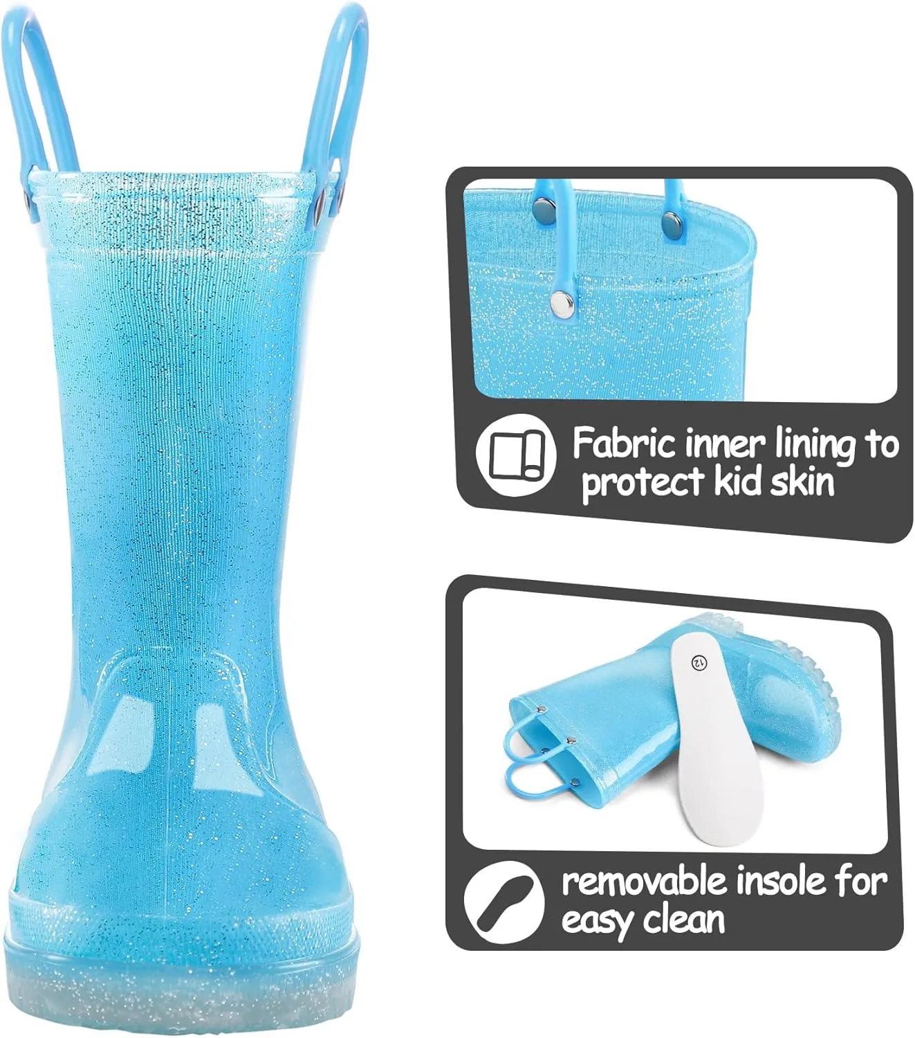 K KomForme Kids Rain Boots, Waterproof Light up Boots with Easy-on Handles