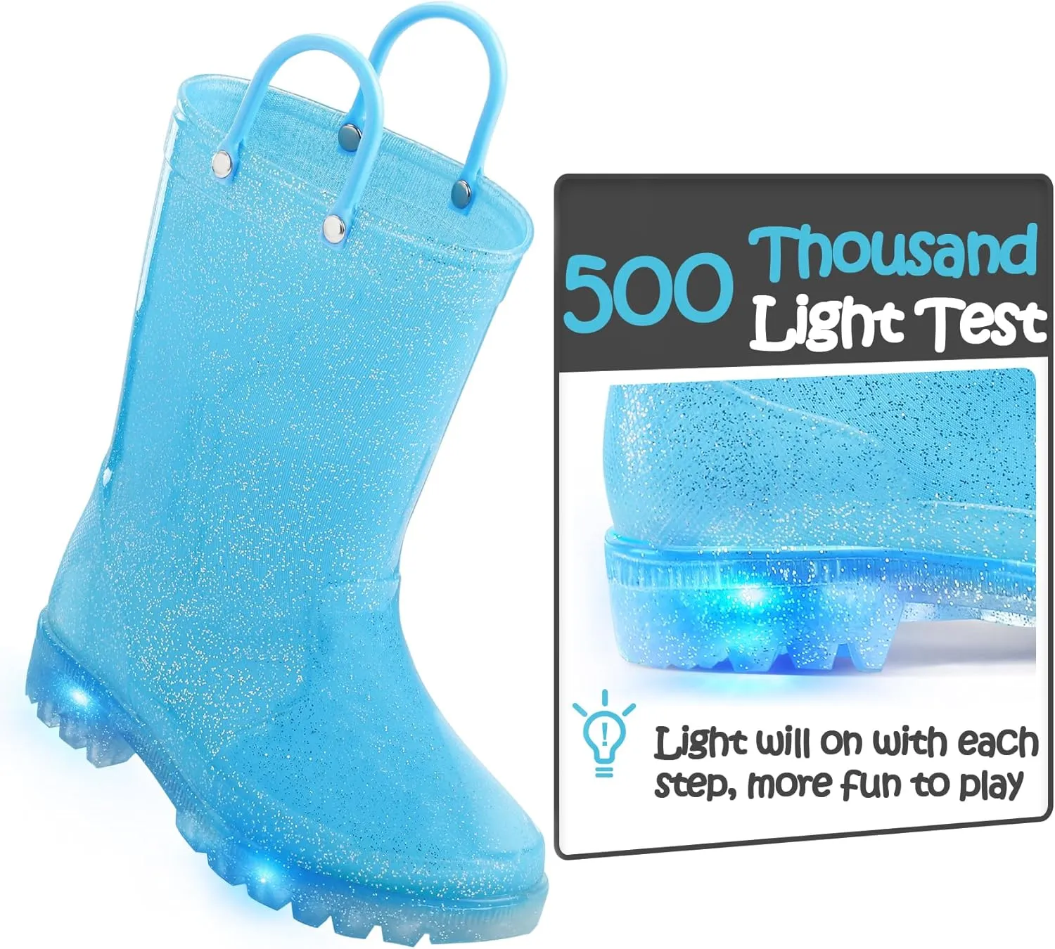 K KomForme Kids Rain Boots, Waterproof Light up Boots with Easy-on Handles