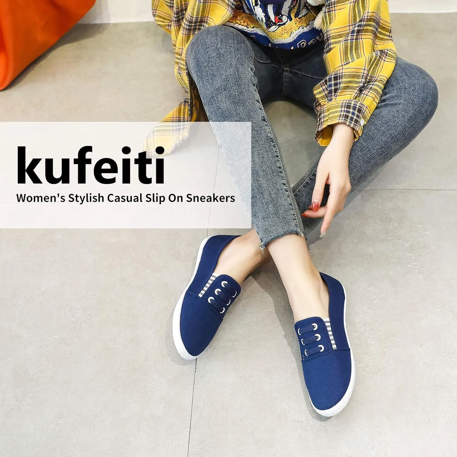 kufeiti Women's Canvas Slip On Shoes Sneakers for Women Fashion Comfortable White Black Elastic Sneakers for Women