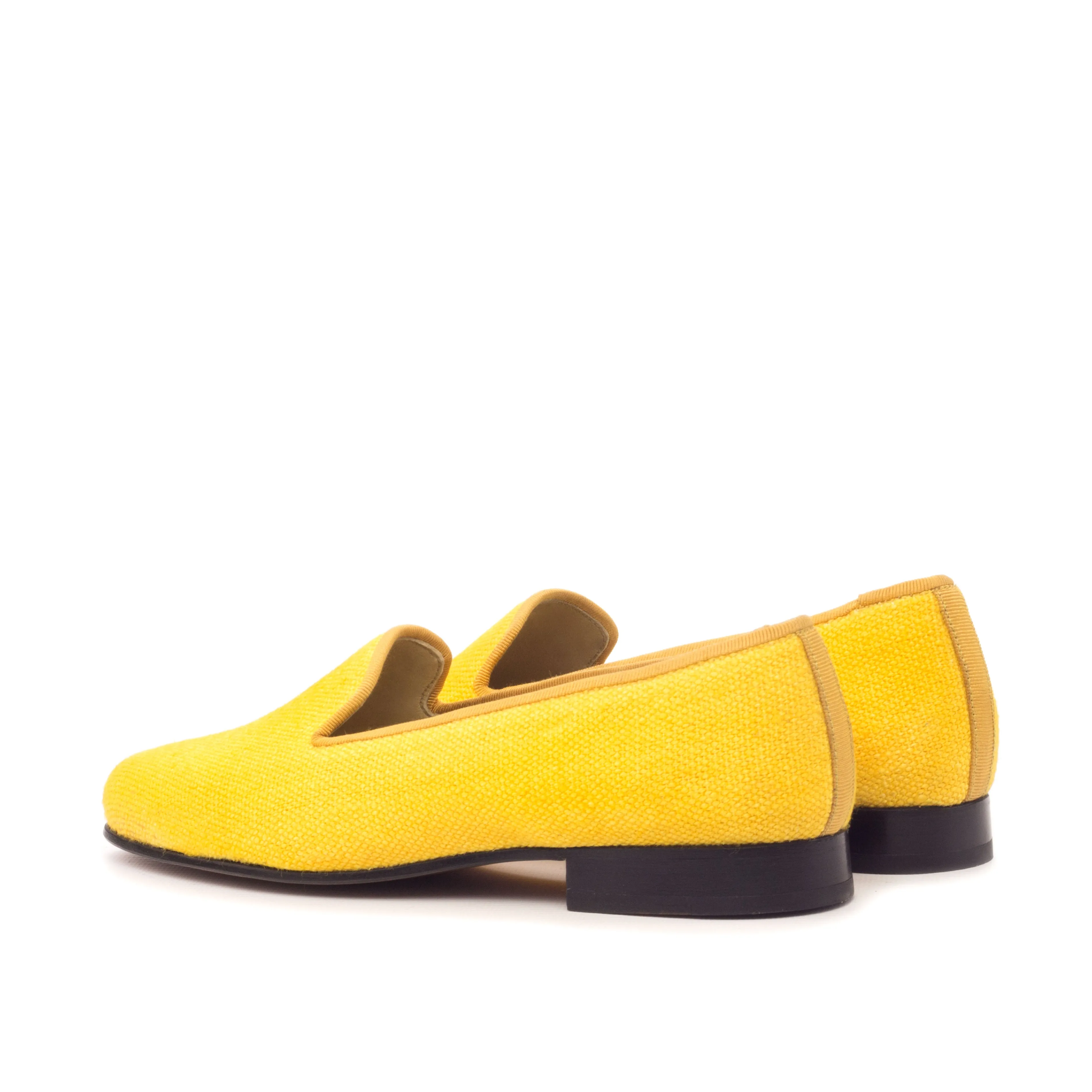 Ladies Rosa Slip On in Mustard Linen Fabric detailed with Trim in Gold colour Grosgrain