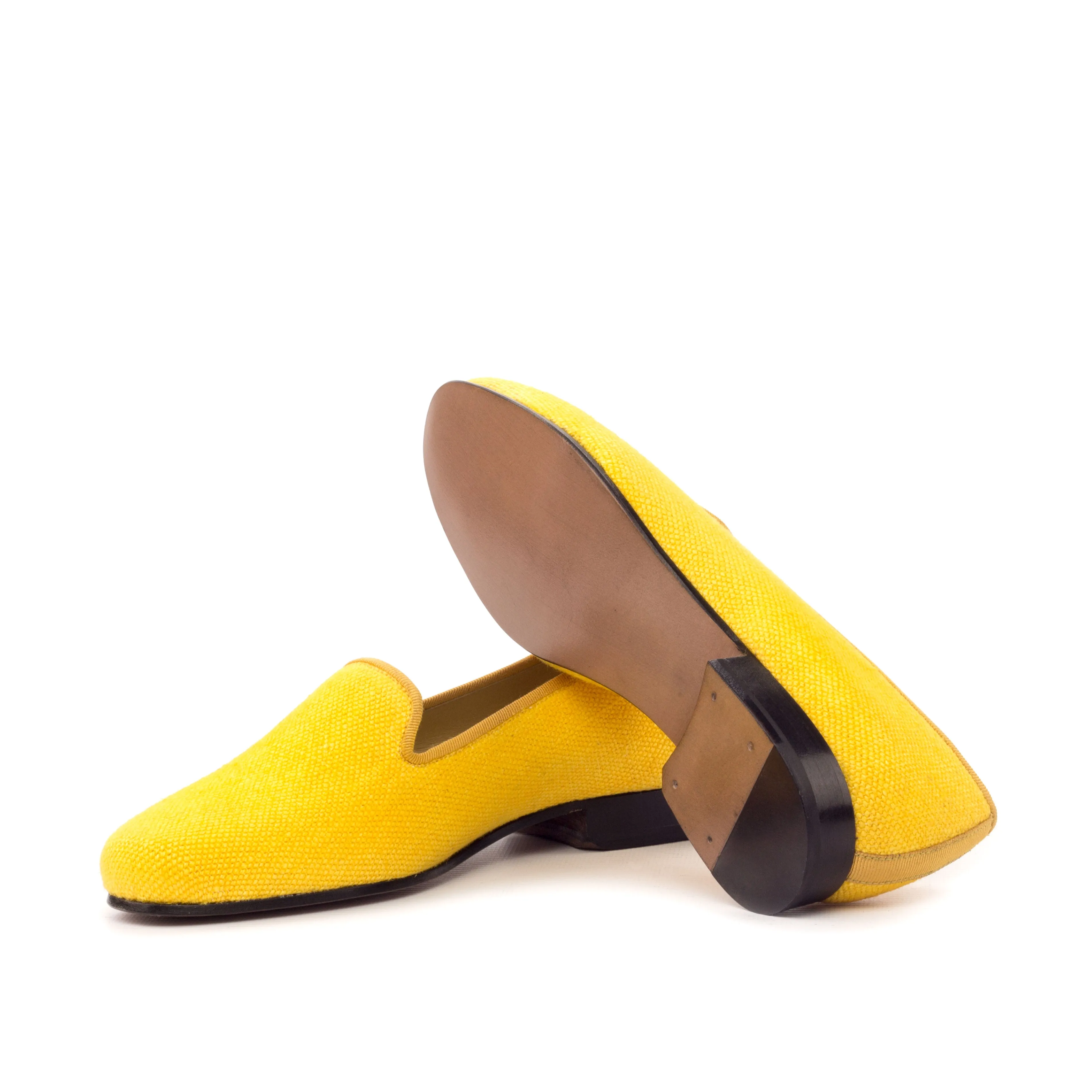 Ladies Rosa Slip On in Mustard Linen Fabric detailed with Trim in Gold colour Grosgrain