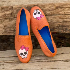 Ladies Vida Fácil Slip On Orange in Linen Fabric detailed with Trim in Orange Kid Suede Calf Leather and Embroidery