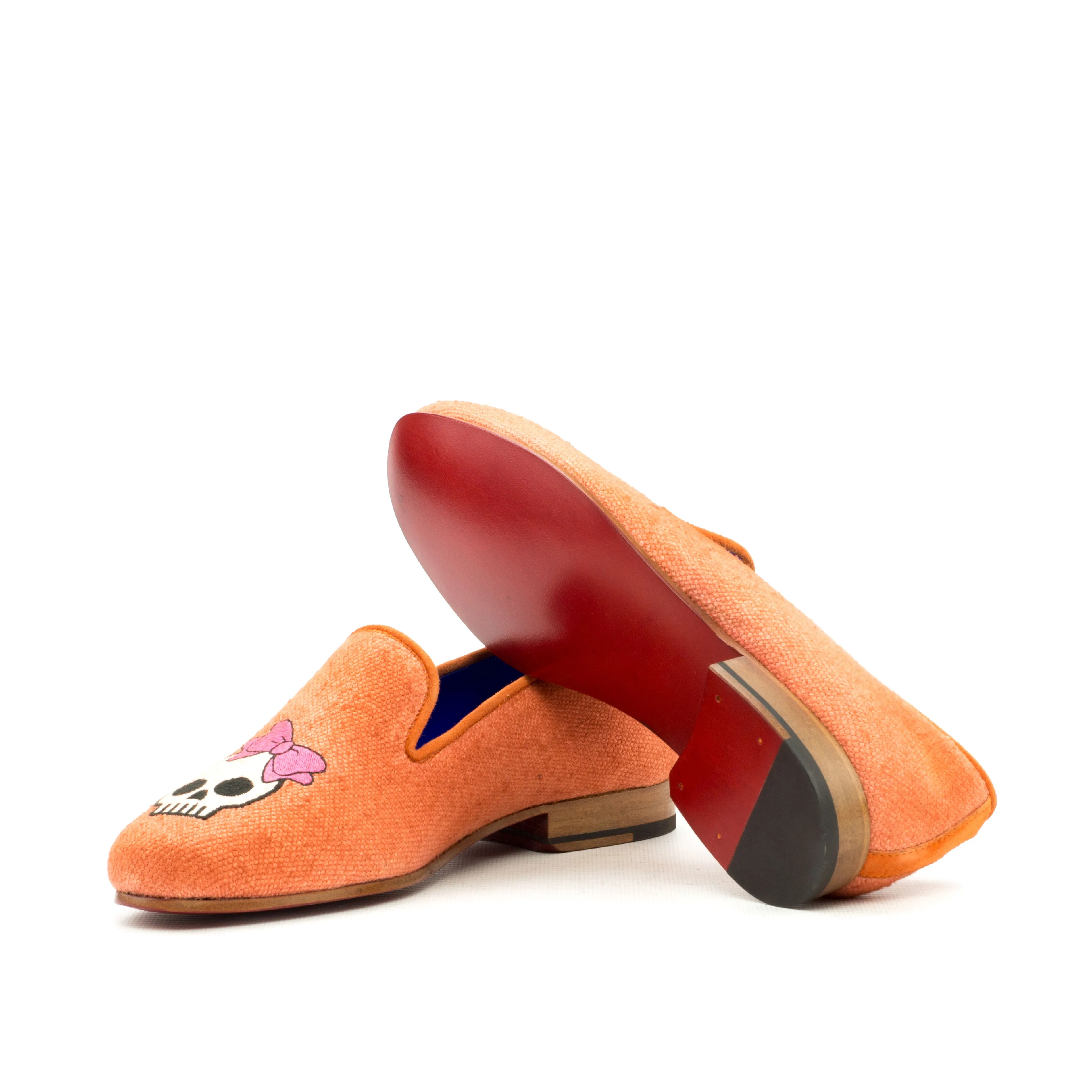 Ladies Vida Fácil Slip On Orange in Linen Fabric detailed with Trim in Orange Kid Suede Calf Leather and Embroidery