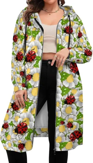 Ladybug Long Sleeve Hoodie Women Zip Up Hoodies Knee Length Tunic Sweatshirt Jackets Casual Loose Hoode Coat