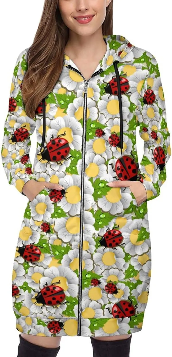Ladybug Long Sleeve Hoodie Women Zip Up Hoodies Knee Length Tunic Sweatshirt Jackets Casual Loose Hoode Coat