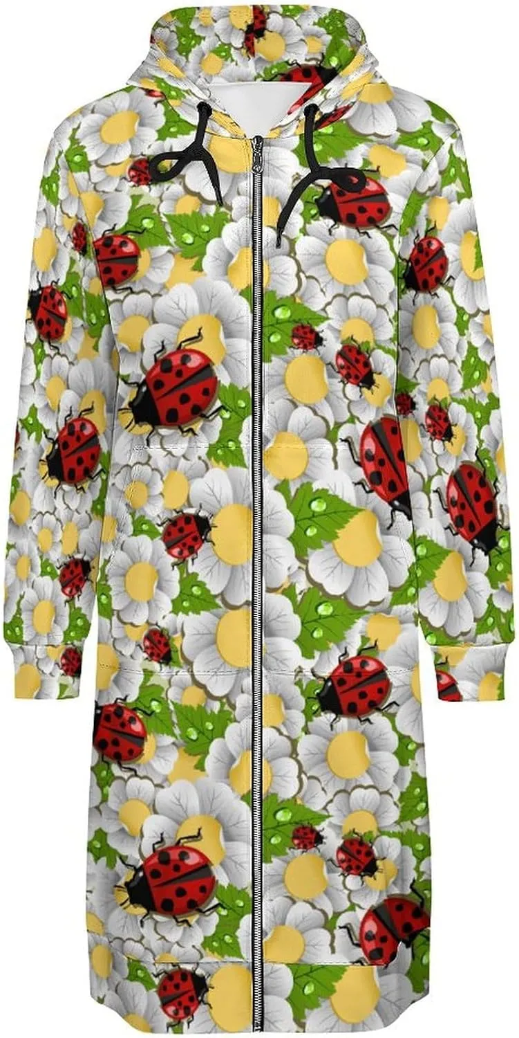 Ladybug Long Sleeve Hoodie Women Zip Up Hoodies Knee Length Tunic Sweatshirt Jackets Casual Loose Hoode Coat