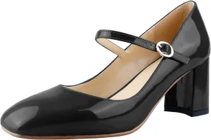 LEMUTISME Women's Elegant Buckle Ankle Strap Leather Square Toe Chunky Comfortable Slip On Middle Block Heel Dress Pumps for Wedding Prom