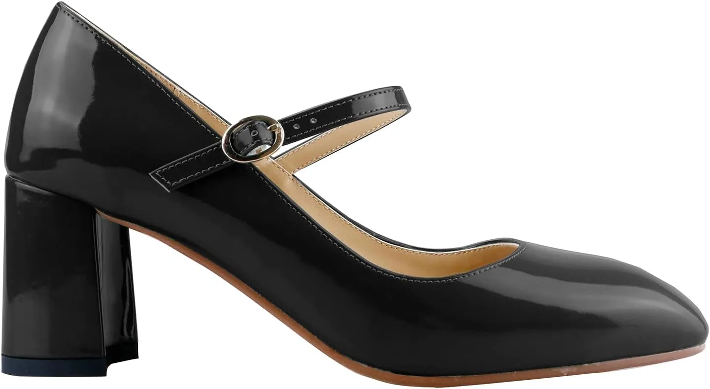 LEMUTISME Women's Elegant Buckle Ankle Strap Leather Square Toe Chunky Comfortable Slip On Middle Block Heel Dress Pumps for Wedding Prom