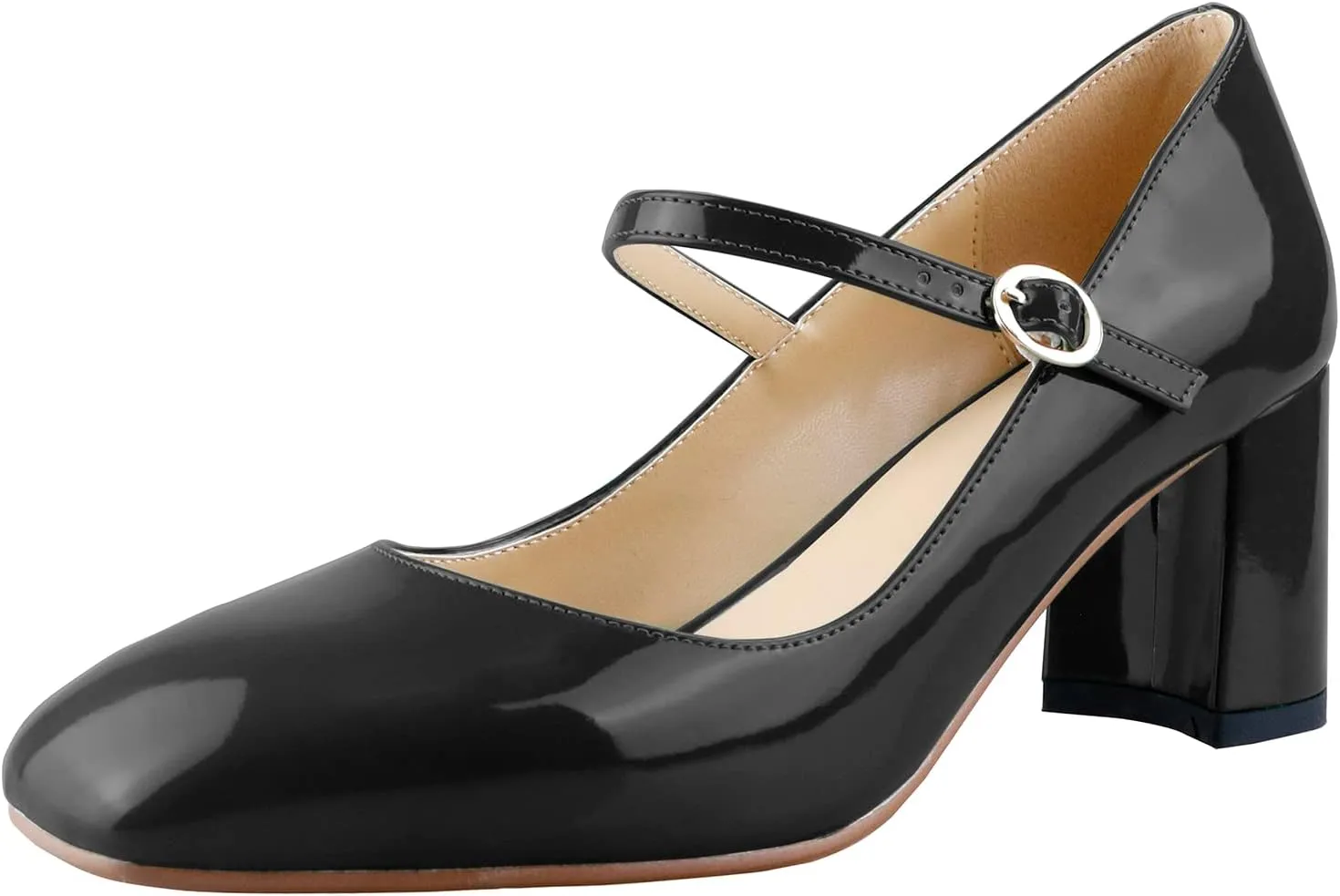 LEMUTISME Women's Elegant Buckle Ankle Strap Leather Square Toe Chunky Comfortable Slip On Middle Block Heel Dress Pumps for Wedding Prom
