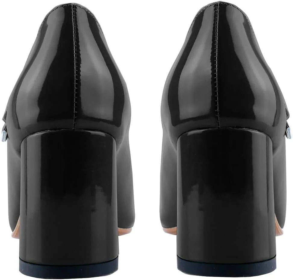 LEMUTISME Women's Elegant Buckle Ankle Strap Leather Square Toe Chunky Comfortable Slip On Middle Block Heel Dress Pumps for Wedding Prom