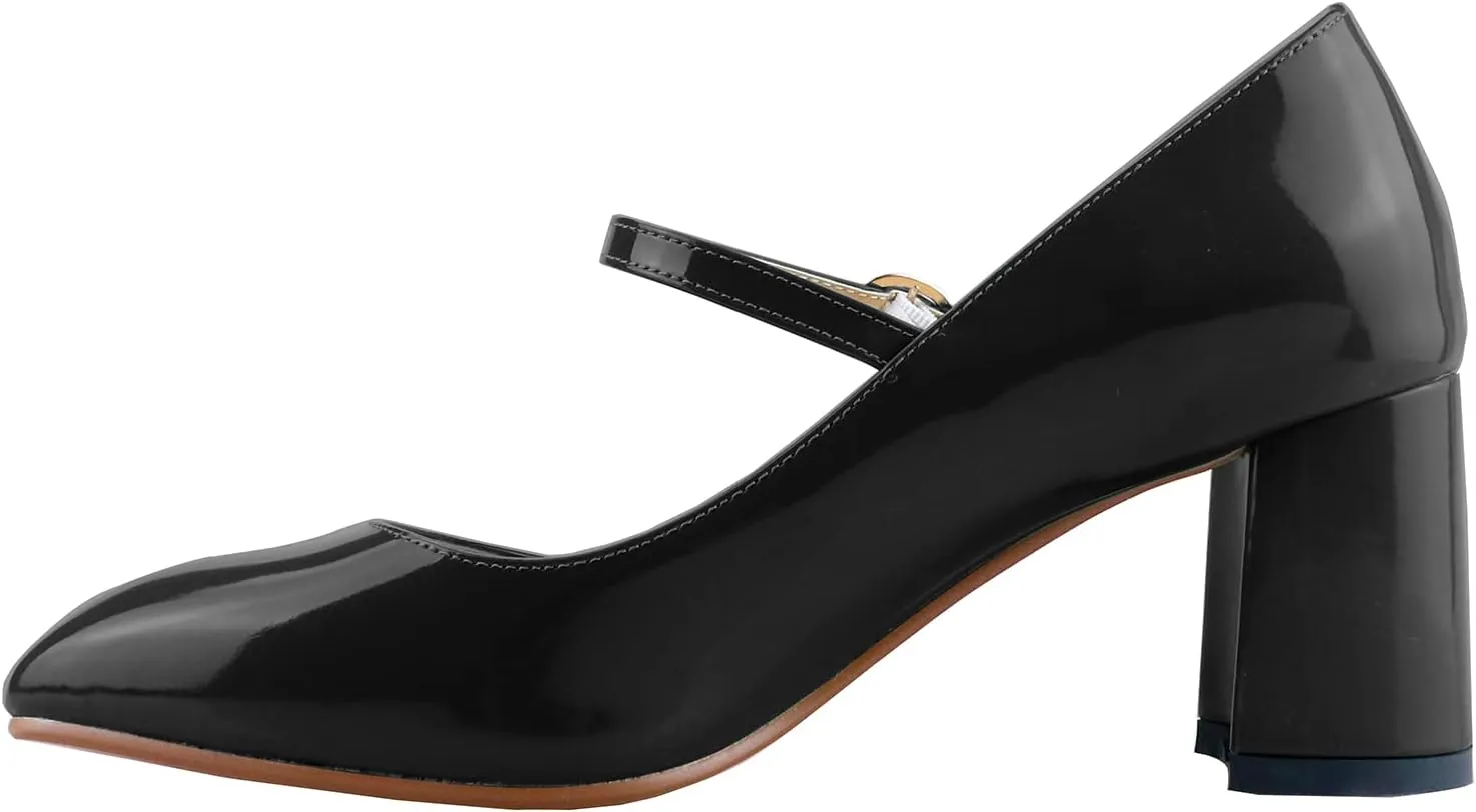 LEMUTISME Women's Elegant Buckle Ankle Strap Leather Square Toe Chunky Comfortable Slip On Middle Block Heel Dress Pumps for Wedding Prom