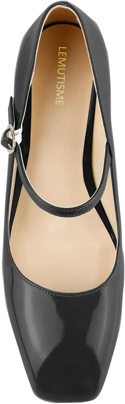 LEMUTISME Women's Elegant Buckle Ankle Strap Leather Square Toe Chunky Comfortable Slip On Middle Block Heel Dress Pumps for Wedding Prom