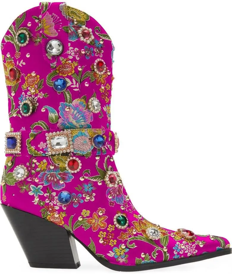 LOCERICH Women Rhinestone Cowboy Sparkly Cowgirl Boots Diamond Western Floral Embroidery Mid Calf Booties
