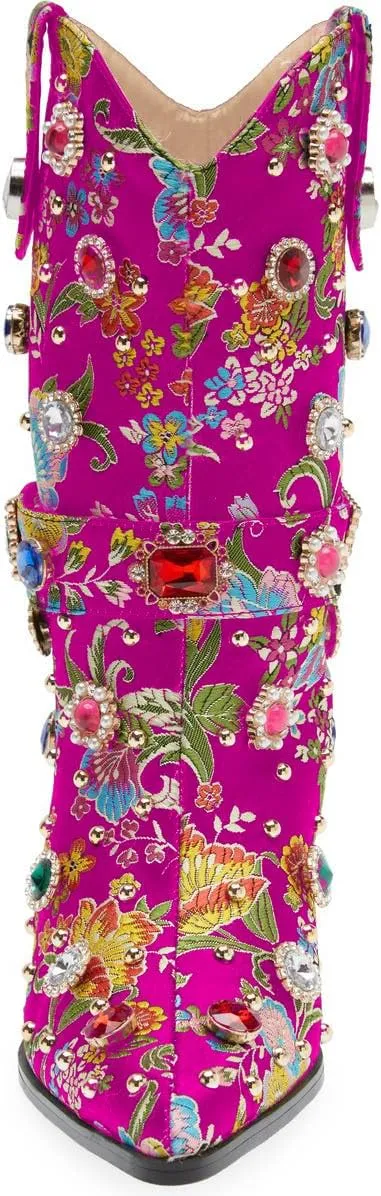 LOCERICH Women Rhinestone Cowboy Sparkly Cowgirl Boots Diamond Western Floral Embroidery Mid Calf Booties
