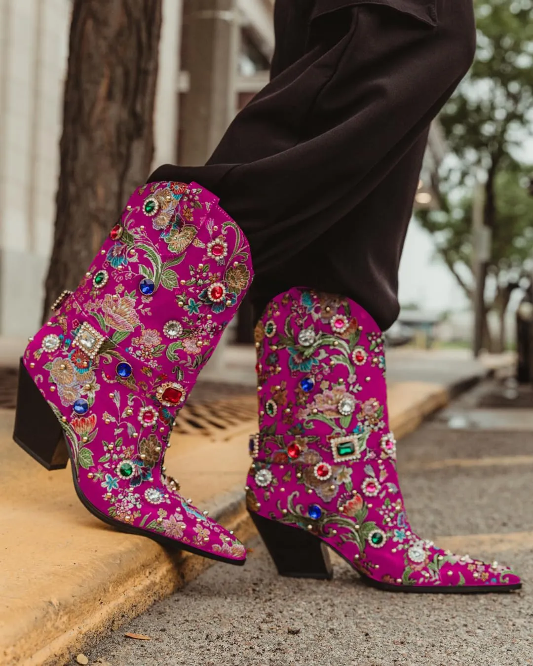 LOCERICH Women Rhinestone Cowboy Sparkly Cowgirl Boots Diamond Western Floral Embroidery Mid Calf Booties