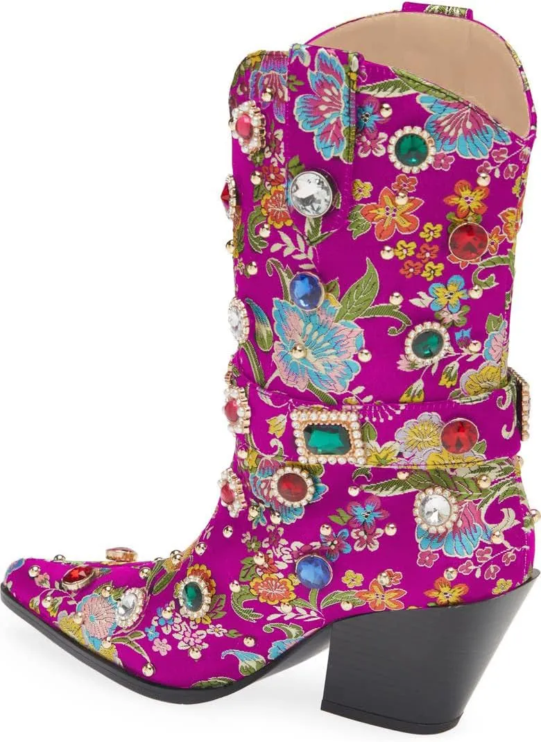 LOCERICH Women Rhinestone Cowboy Sparkly Cowgirl Boots Diamond Western Floral Embroidery Mid Calf Booties