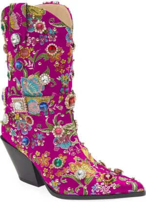LOCERICH Women Rhinestone Cowboy Sparkly Cowgirl Boots Diamond Western Floral Embroidery Mid Calf Booties
