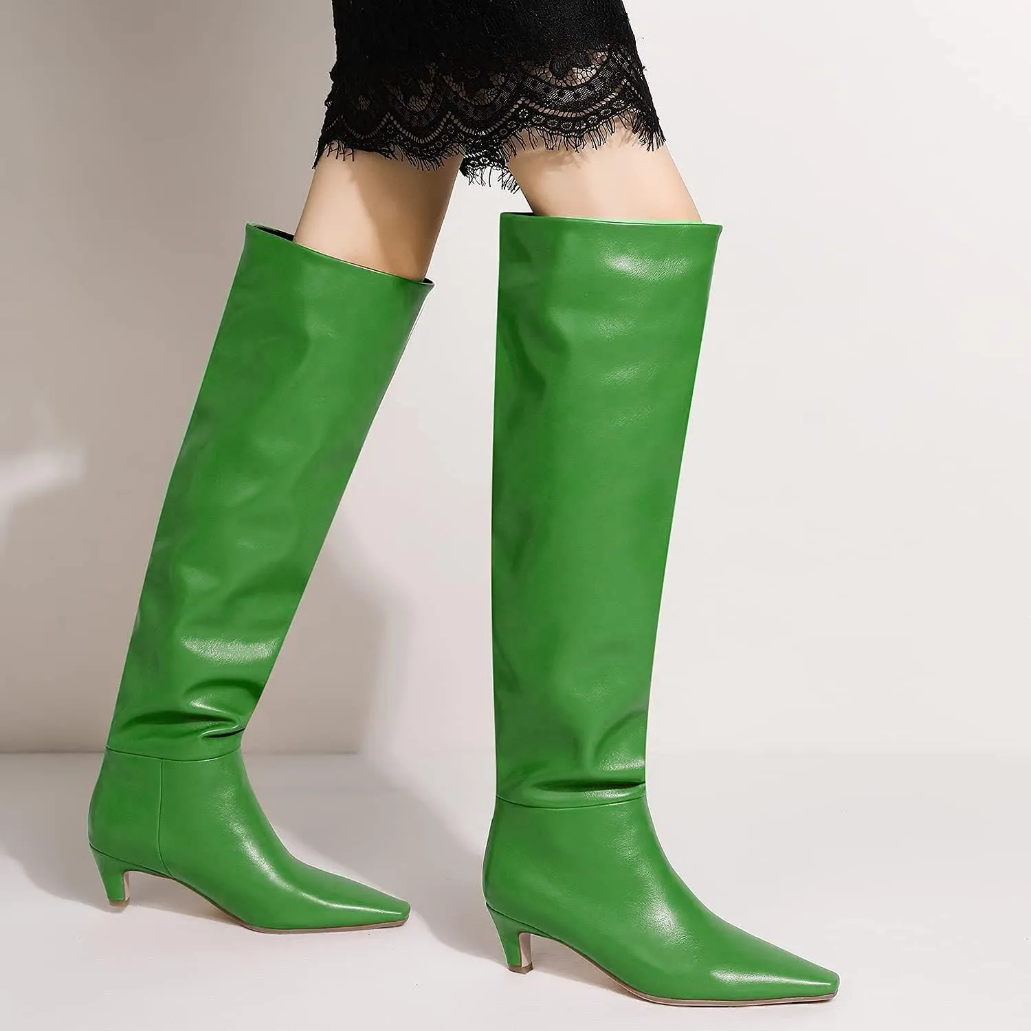 Lutalica W Women's Stylish Square Toe Slip On Autumn Winter Wide Calf Comfort Slouch Low Kitten Heel Dress Over The Knee High Boots