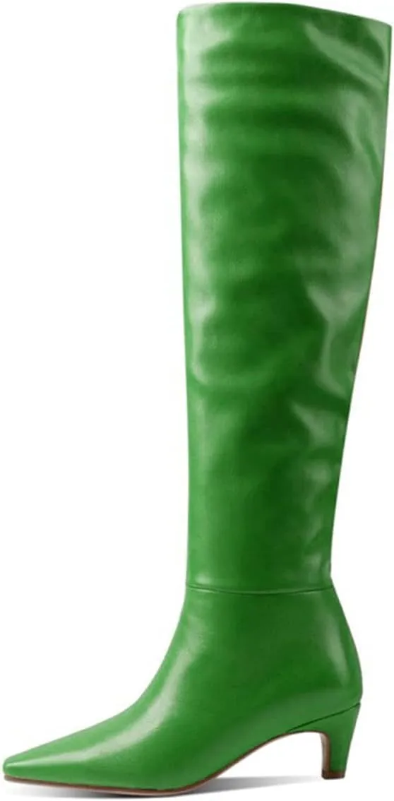 Lutalica W Women's Stylish Square Toe Slip On Autumn Winter Wide Calf Comfort Slouch Low Kitten Heel Dress Over The Knee High Boots