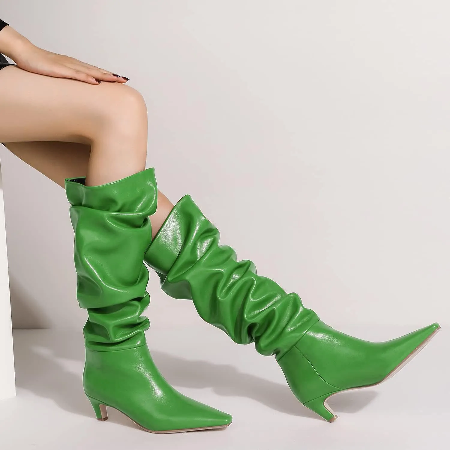 Lutalica W Women's Stylish Square Toe Slip On Autumn Winter Wide Calf Comfort Slouch Low Kitten Heel Dress Over The Knee High Boots
