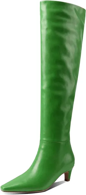 Lutalica W Women's Stylish Square Toe Slip On Autumn Winter Wide Calf Comfort Slouch Low Kitten Heel Dress Over The Knee High Boots