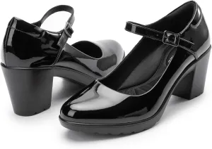 Mary Jane Heels with Arch Support, Closed Round Toe Chunky Pumps for Women, Comfortable Block Heel Dress Shoes