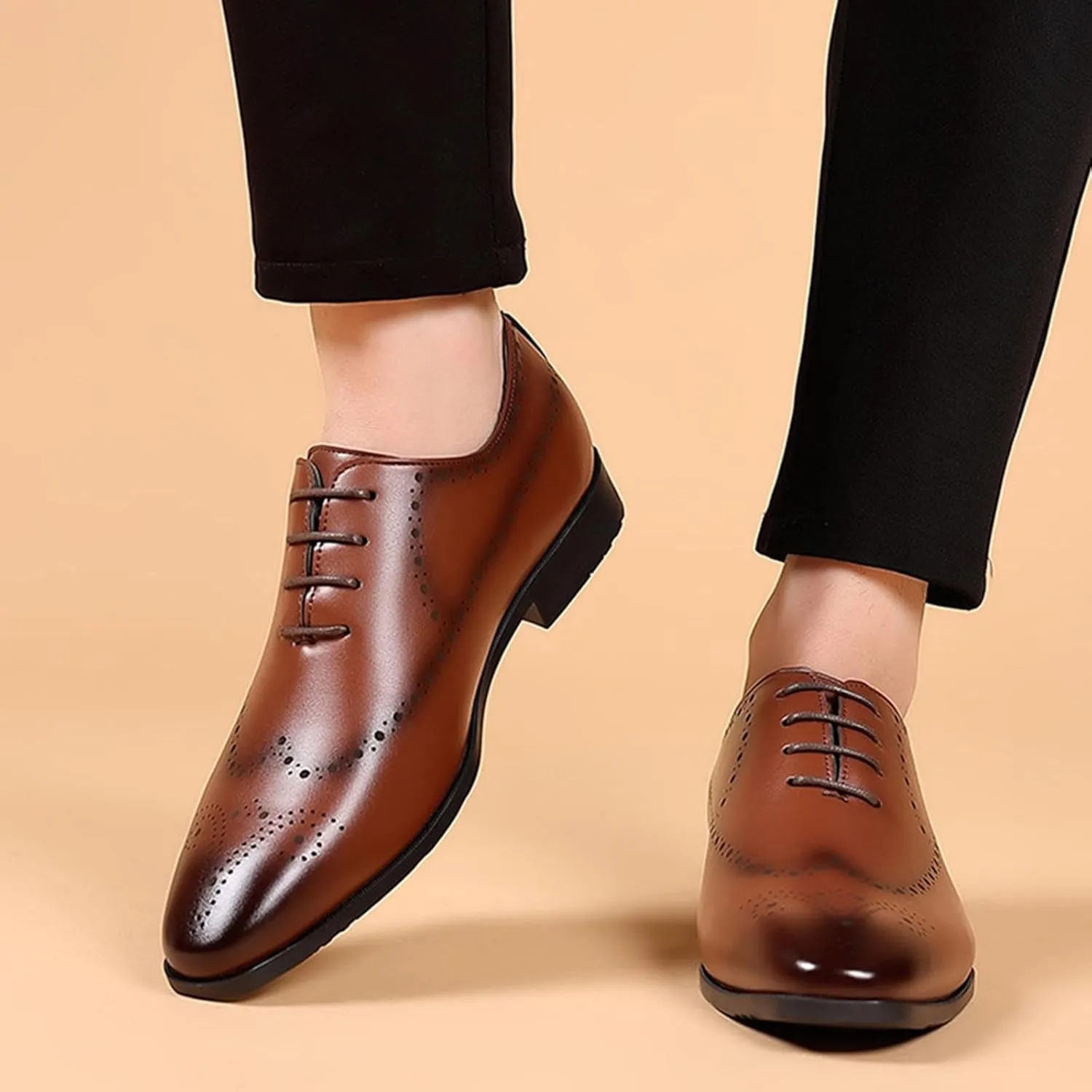 Mens Brown Dress Shoes Leather Formal Business Oxford Derby Shoe Brogue Wingtip Retro Footwear for Men