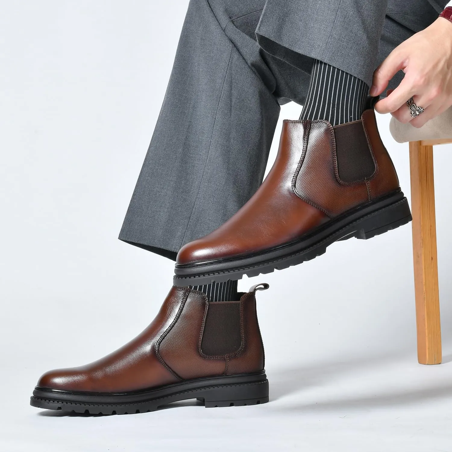 Mens Chelsea Dress Boots Classic Stylish Casual Leather Slip On Ankle Boot for Men