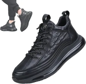 Men's Crocodile Print Leather Sneakers Casual Air Elastic Waterproof Height Lifting Comfortable Shoes High Top Sneakers (Black,11)