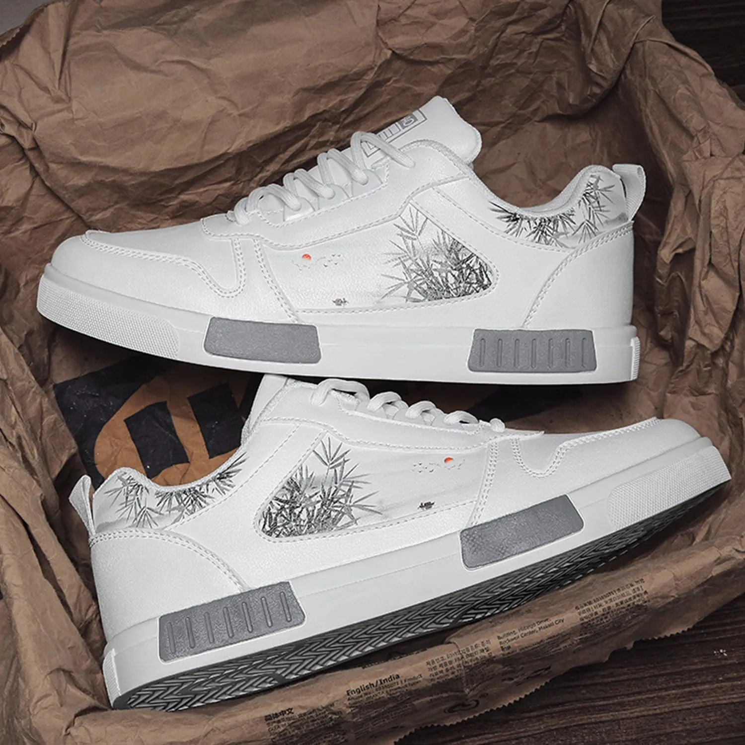 Men's Fashion Skate Sneakers Black and White Casual Athletic Shoes with Lace-up Asian Art Chinese Design Skateboarding Road Walking Running Hiking Shoes