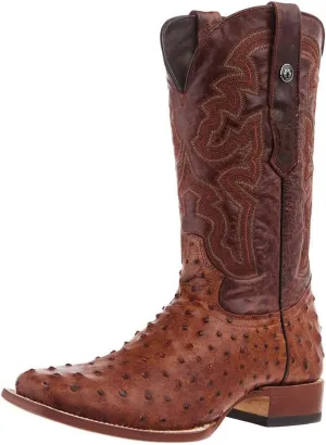 Men's Rustic Cognac Full Quill Ostrich Print Square Toe Cowboy Boot Cognac 9 D