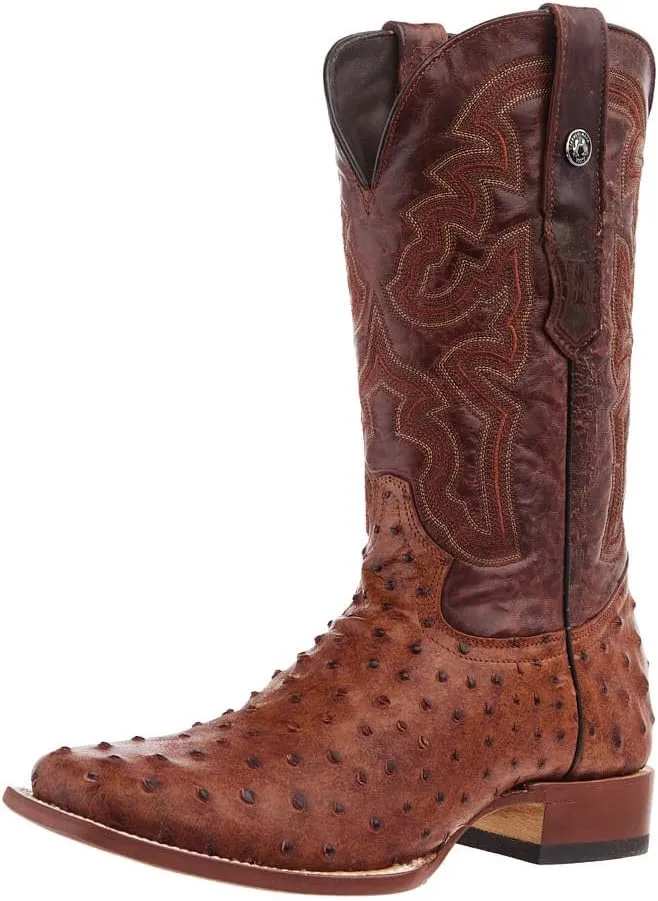 Men's Rustic Cognac Full Quill Ostrich Print Square Toe Cowboy Boot Cognac 9 D