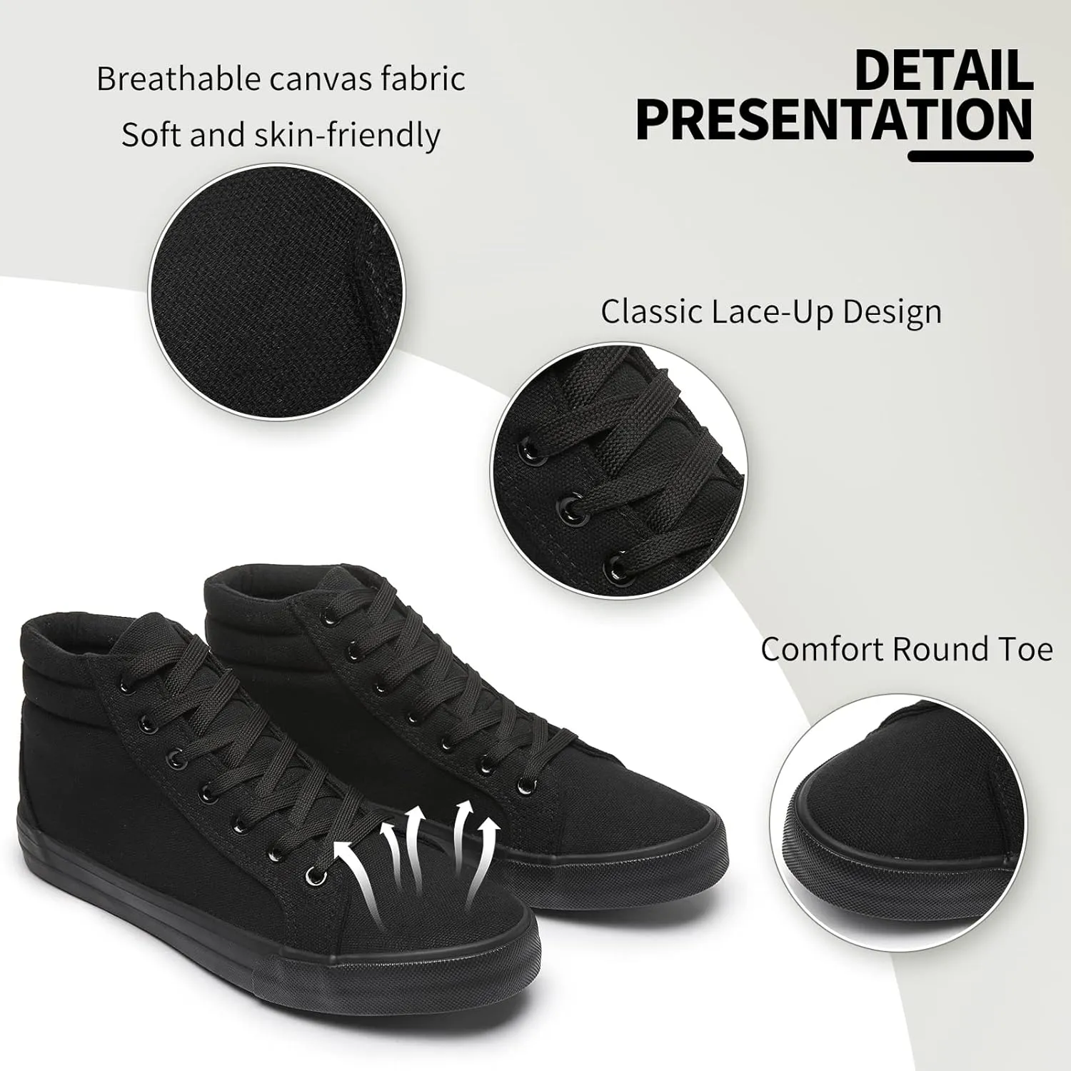 Men's White Canvas High Top Sneakers - Classic Lace-Up Walking Shoes, Light-Weight Soft Casual Tennis Shoes