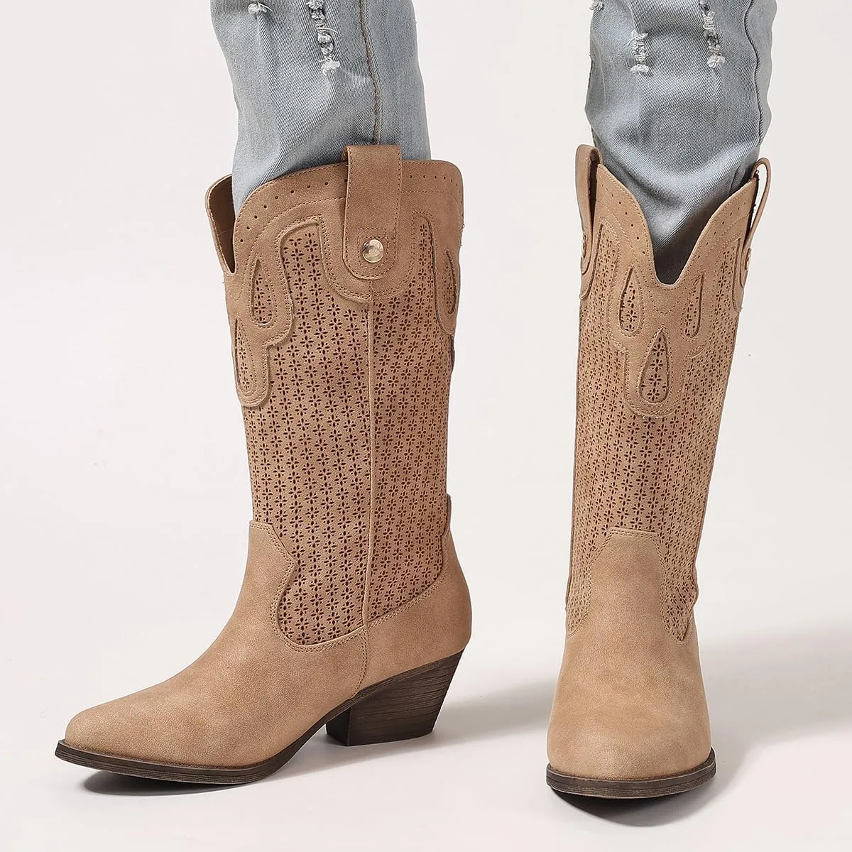 Mid Calf Cowboy Boots for Women Chunky Block Heel Women’s Pointed Toe Casual Comfortable Boot Low Heel Trendy Stylish Boot