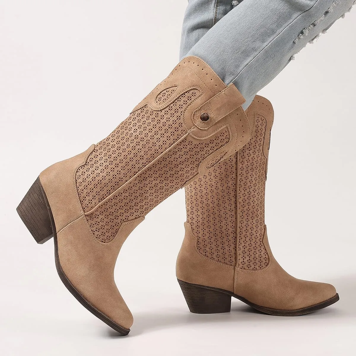 Mid Calf Cowboy Boots for Women Chunky Block Heel Women’s Pointed Toe Casual Comfortable Boot Low Heel Trendy Stylish Boot
