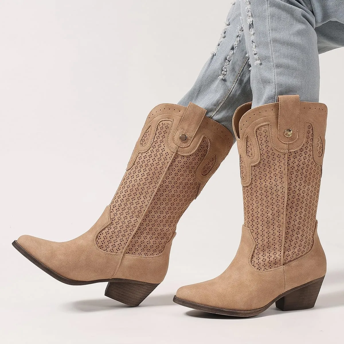 Mid Calf Cowboy Boots for Women Chunky Block Heel Women’s Pointed Toe Casual Comfortable Boot Low Heel Trendy Stylish Boot