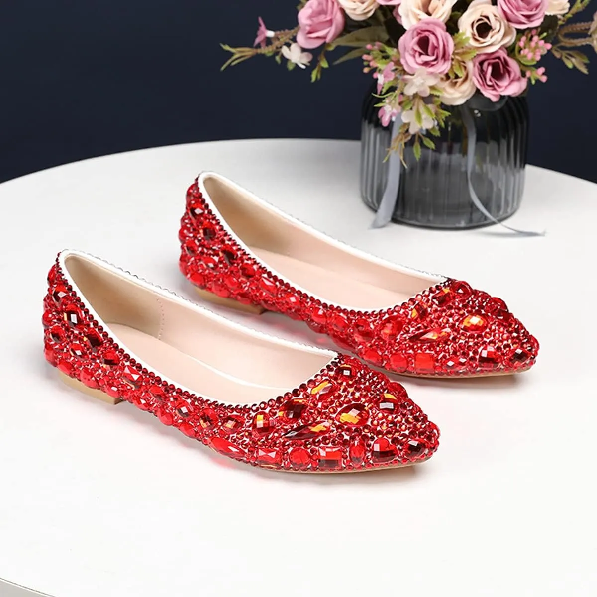 Minishion Wedding Shoes for Women Flats Comfortable Rhinestone Slip on Pumps Shoes