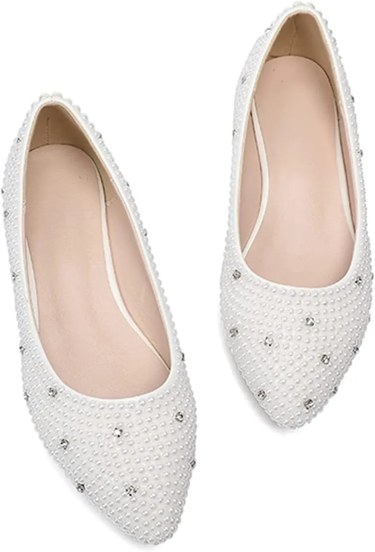 Minishion Wedding Shoes for Women Flats Comfortable Rhinestone Slip on Pumps Shoes