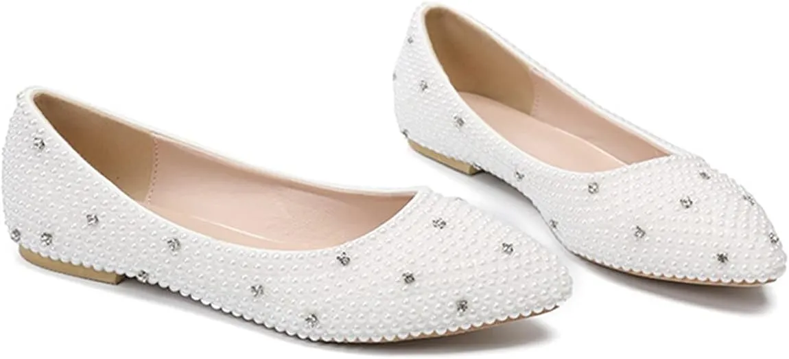 Minishion Wedding Shoes for Women Flats Comfortable Rhinestone Slip on Pumps Shoes
