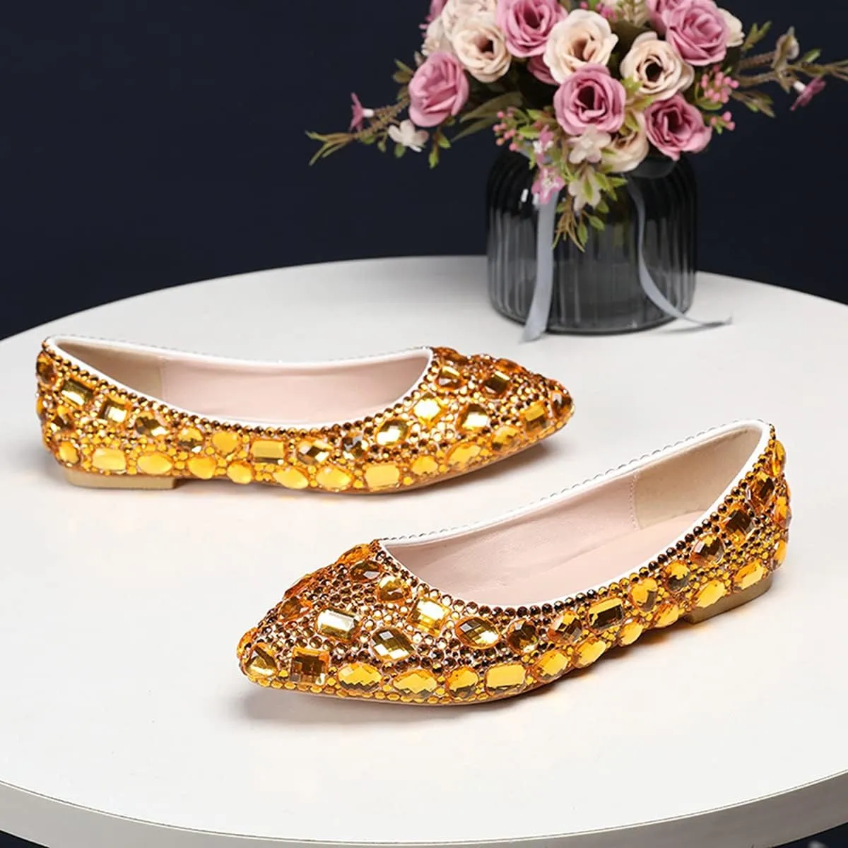 Minishion Wedding Shoes for Women Flats Comfortable Rhinestone Slip on Pumps Shoes