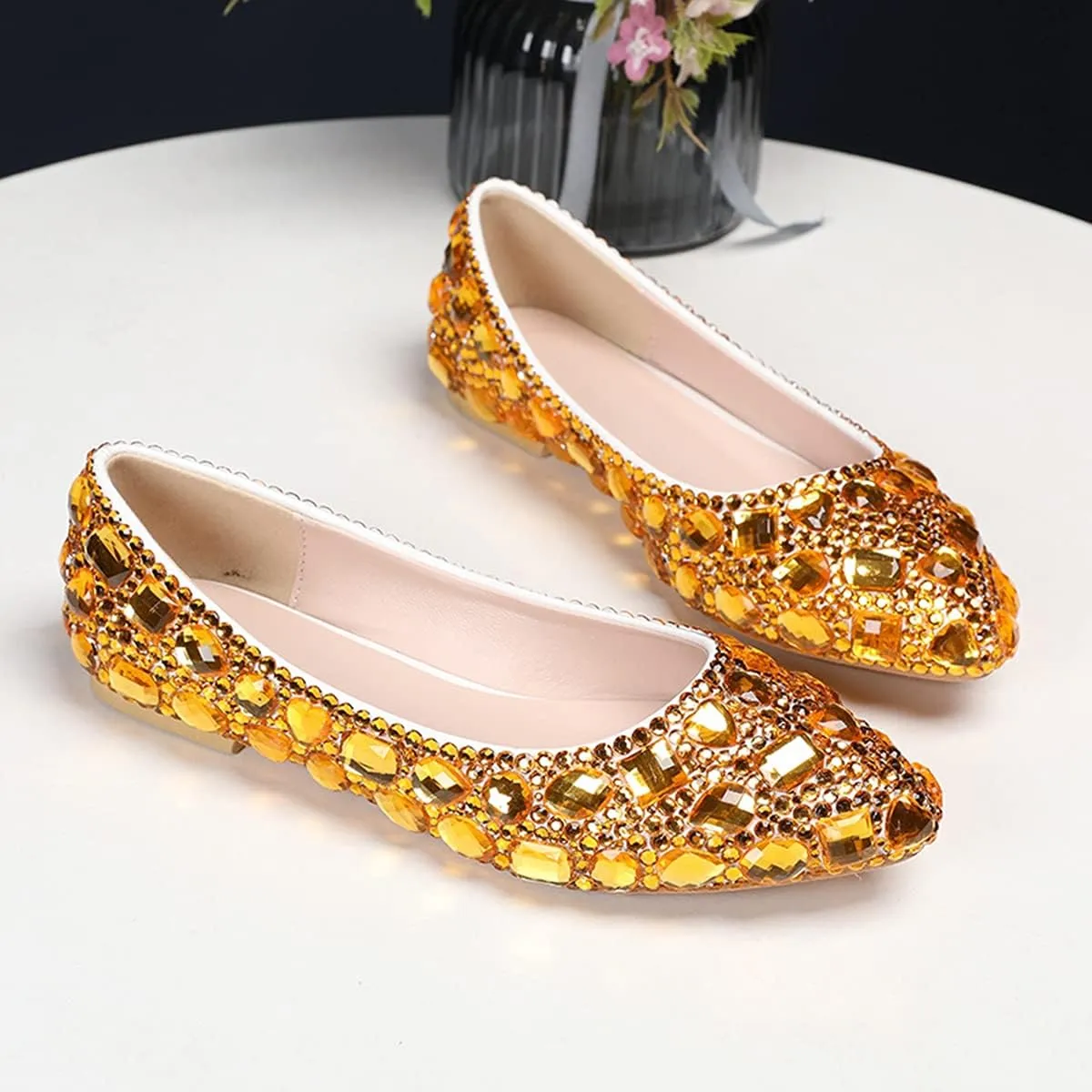 Minishion Wedding Shoes for Women Flats Comfortable Rhinestone Slip on Pumps Shoes