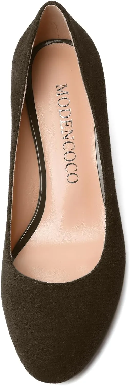 MODENCOCO Womens Suede Slip On Comfortable Formal Round Toe Office Chunky Low Heel Pumps Dress Shoes 2 Inch