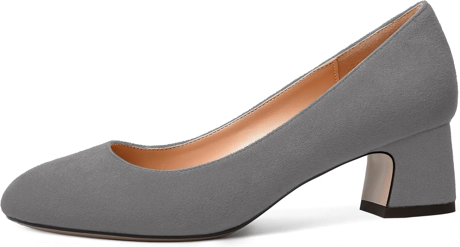 MODENCOCO Womens Suede Slip On Comfortable Formal Round Toe Office Chunky Low Heel Pumps Dress Shoes 2 Inch