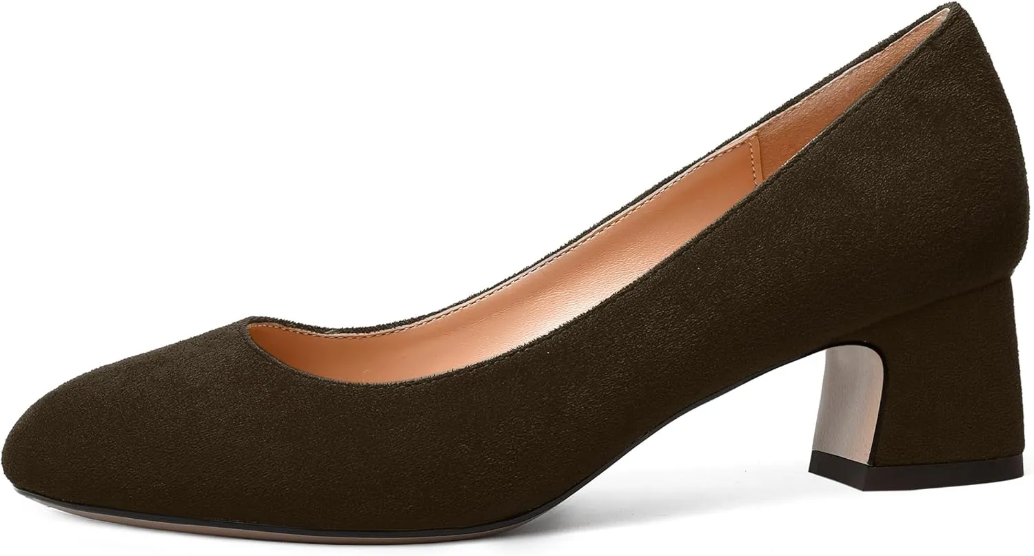 MODENCOCO Womens Suede Slip On Comfortable Formal Round Toe Office Chunky Low Heel Pumps Dress Shoes 2 Inch