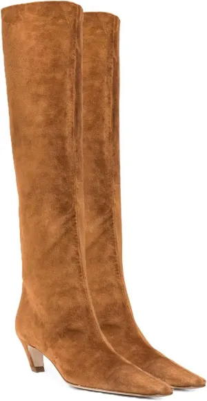 MOOMMO Women Brown Kitten Heel Over Knee High Boots Square Toe Matte Leather Pull On Wide Calf Pleated Low Heel Thigh Boots Stylish Retro Dress Boots Chic Party Comfy Chic Suede Tan 8.5 M US