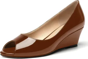 MOVINSTEPS Womens Patent Peep Toe Fashion Slip On Party Open Toe Wedge Low Heel Pumps Shoes 2 Inch