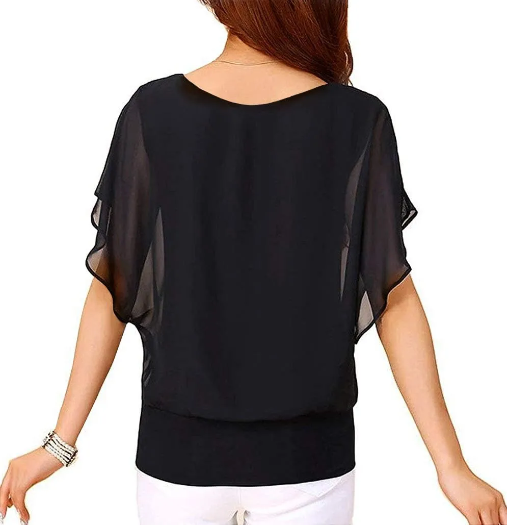 Neineiwu Women's Summer Loose Casual Short Sleeve Chiffon Top T-Shirt Blouse