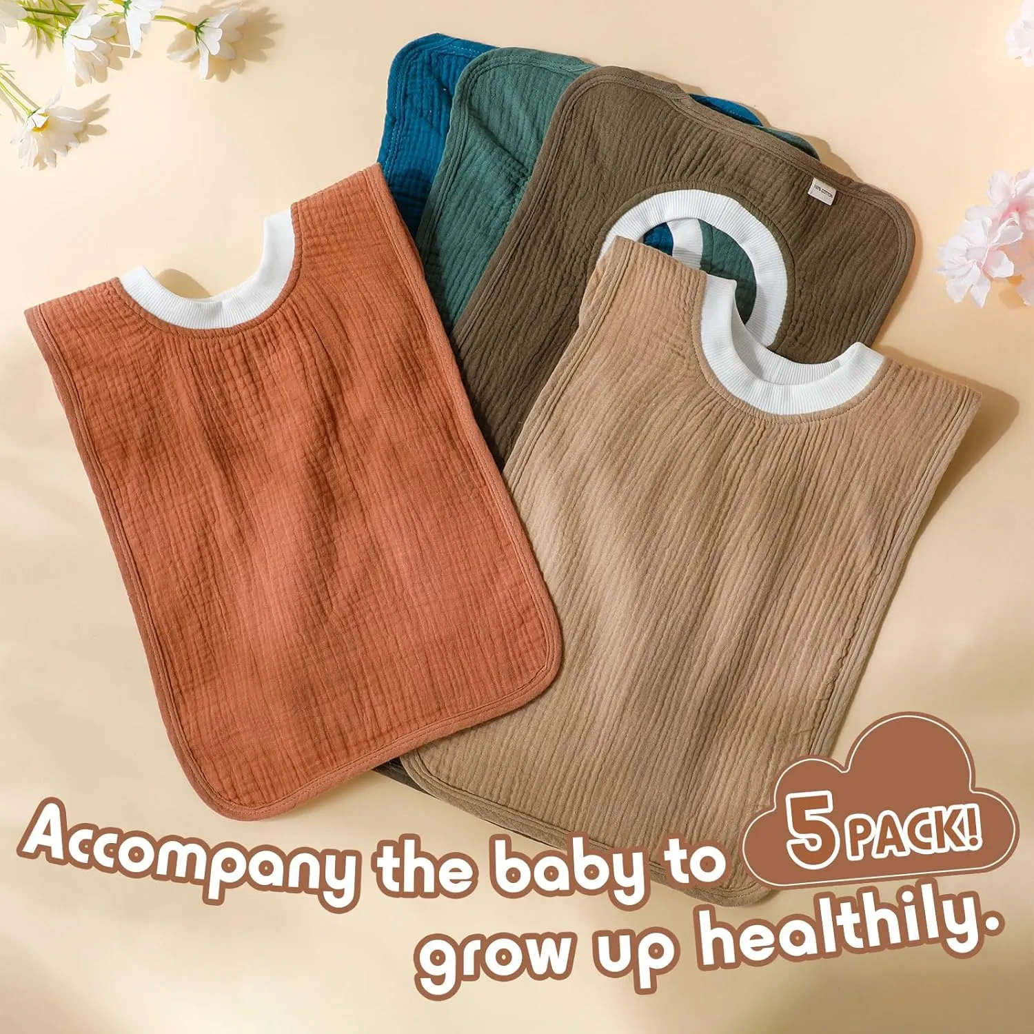 Newwiee Large Muslin Pullover Baby Bibs Full Coverage Toddler Slip on Absorbent Bib Waterproof Toddler Towel Bibs(Stylish Color, 5 Pcs)