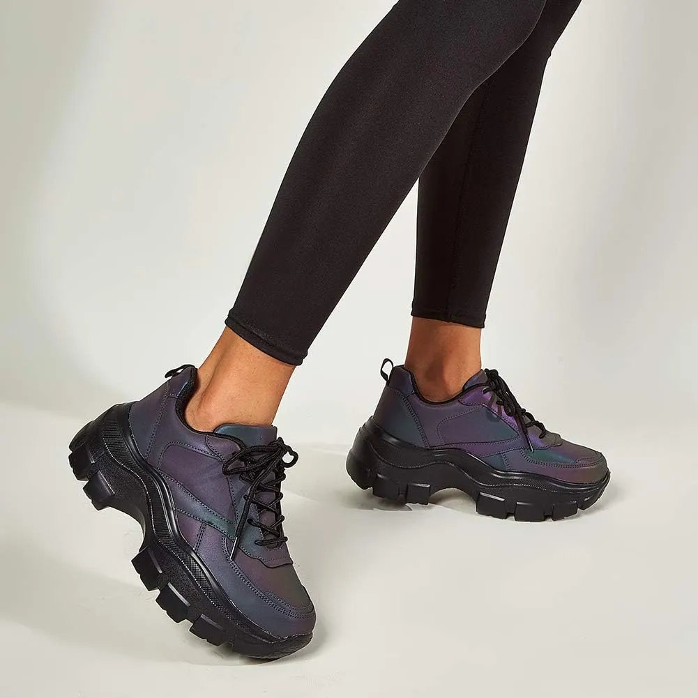 Niluber Women's Chunky Platform Sneakers Hologram Black White Silver Lace-Up Casual Fashion Walking Sport Rave Shoes