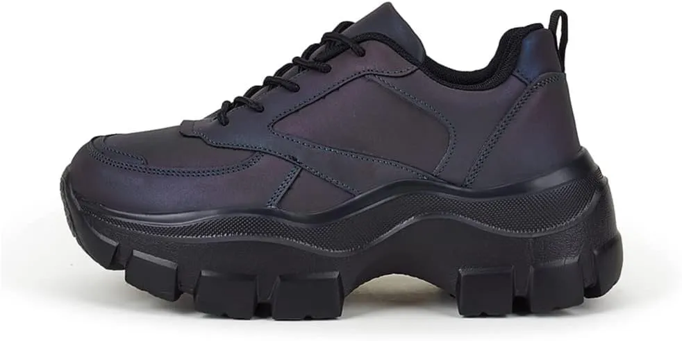 Niluber Women's Chunky Platform Sneakers Hologram Black White Silver Lace-Up Casual Fashion Walking Sport Rave Shoes